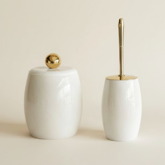 Oval White Marble Bathroom Set with Gold Details (2 Pieces, Handcrafted)