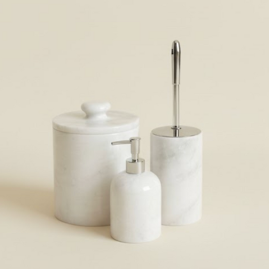 White Marble Bathroom Set – Waste Bin, Toilet Brush & Soap Dispenser (3 Pieces, Handcrafted)