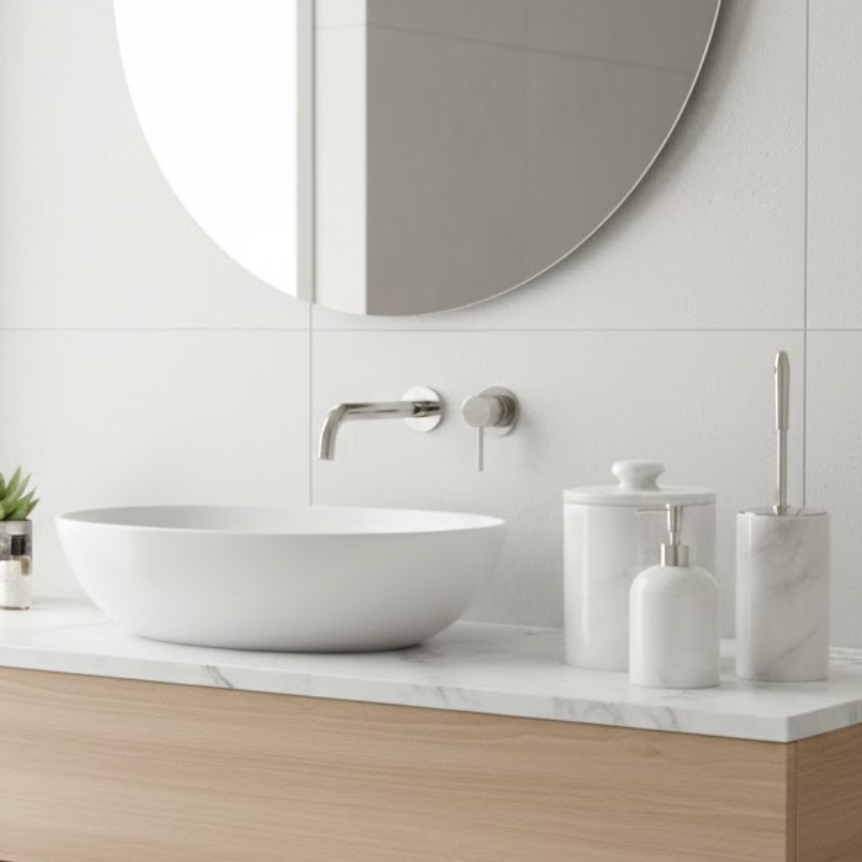 White Marble Bathroom Set – Waste Bin, Toilet Brush & Soap Dispenser (3 Pieces, Handcrafted)