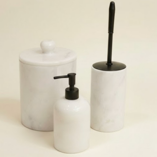 White Marble Bathroom Set with Matte Black Details (3 Pieces, Handcrafted)