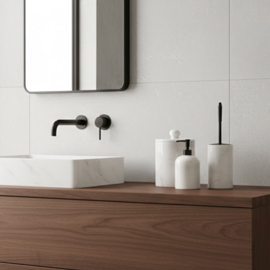 White Marble Bathroom Set with Matte Black Details (3 Pieces, Handcrafted)