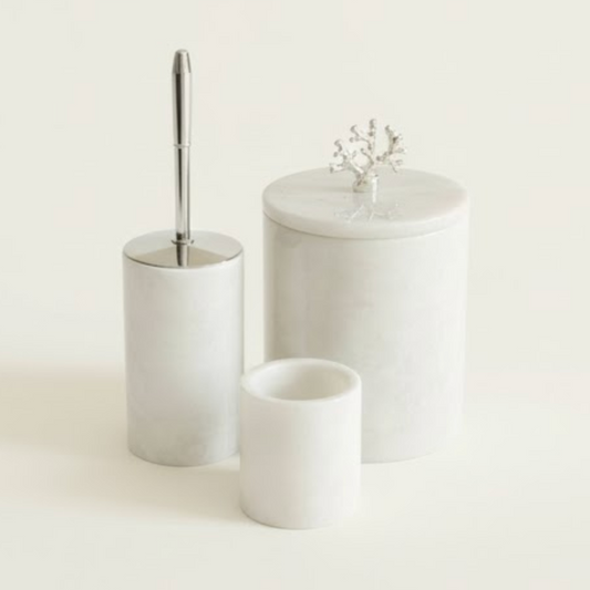 White Natural Stone Bathroom Set – Waste Bin, Toilet Brush & Toothbrush Holder (3 Pieces, Handcrafted)