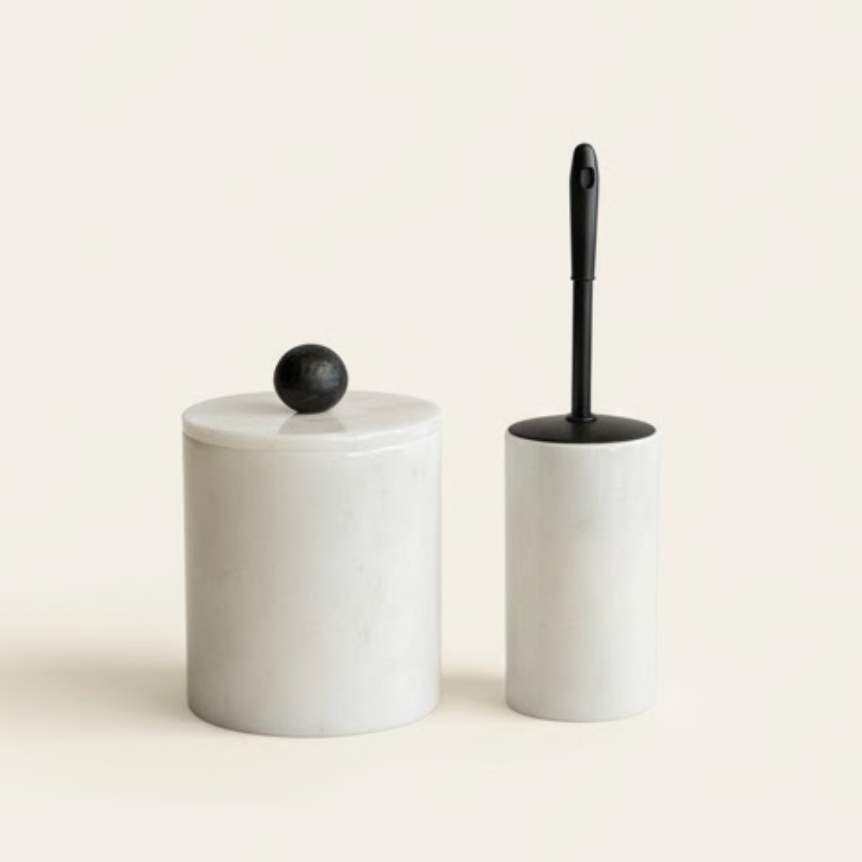White Marble Bathroom Set with Marble Handle & Matte Black Brush (2 Pieces, Handcrafted)