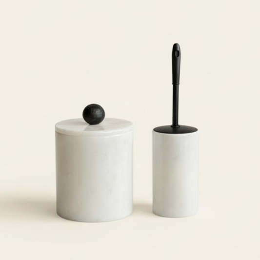 White Marble Bathroom Set with Marble Handle & Matte Black Brush (2 Pieces, Handcrafted)