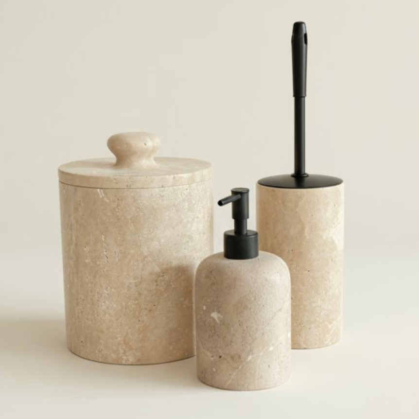 Travertine Bathroom Set with Matte Black Details (3 Pieces, Handcrafted)