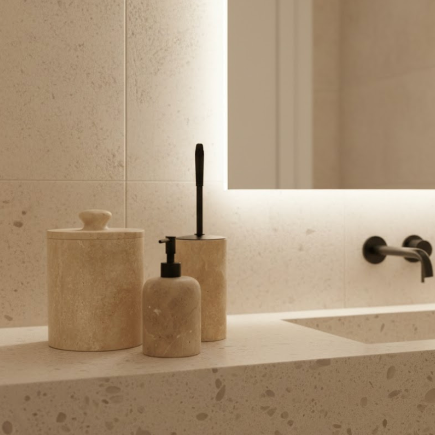 Travertine Bathroom Set with Matte Black Details (3 Pieces, Handcrafted)