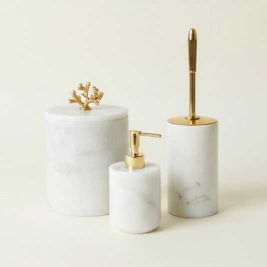 White Marble Bathroom Set – Waste Bin, Toilet Brush & Soap Dispenser (3 Pieces, Handcrafted)