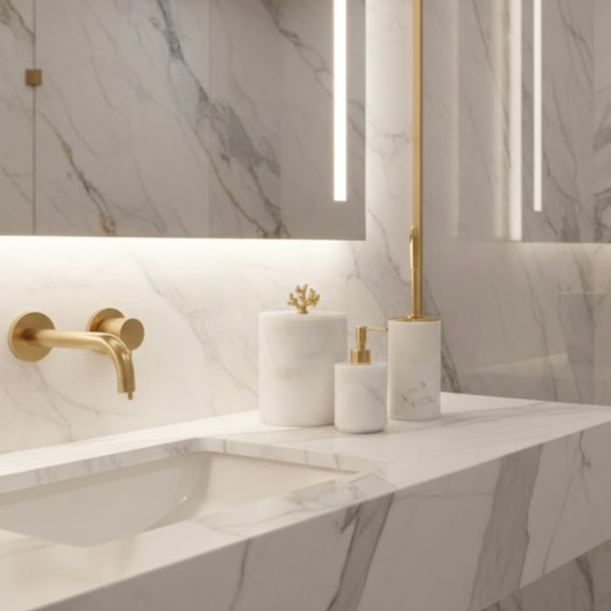 White Marble Bathroom Set – Waste Bin, Toilet Brush & Soap Dispenser (3 Pieces, Handcrafted)