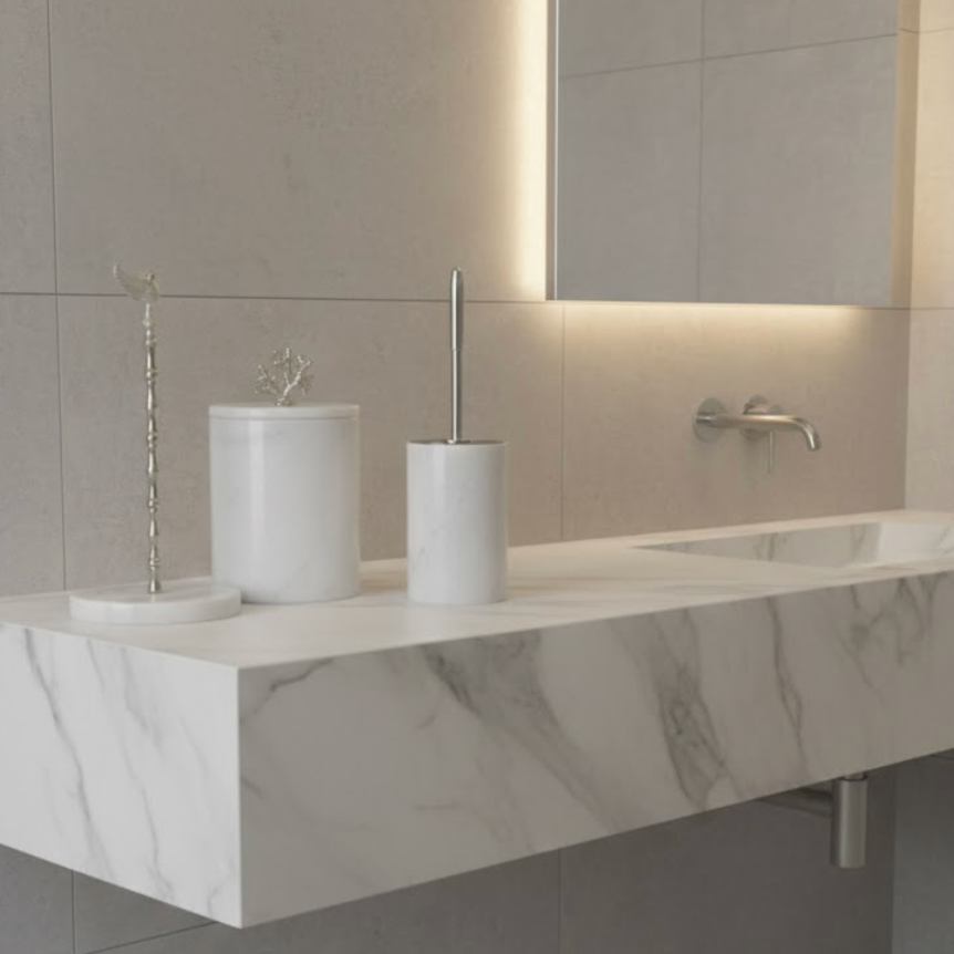 White Marble Bathroom Set (3 Pieces, Handcrafted)