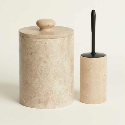 Travertine Bathroom Set with Integrated Stone Handle (2 Pieces)