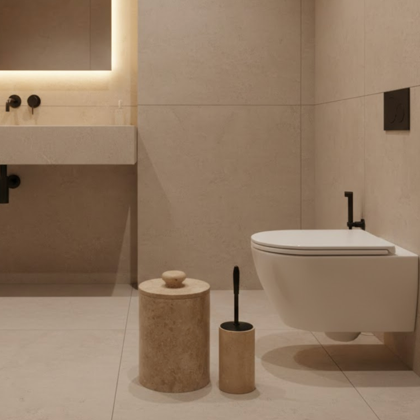 Travertine Bathroom Set with Integrated Stone Handle (2 Pieces)