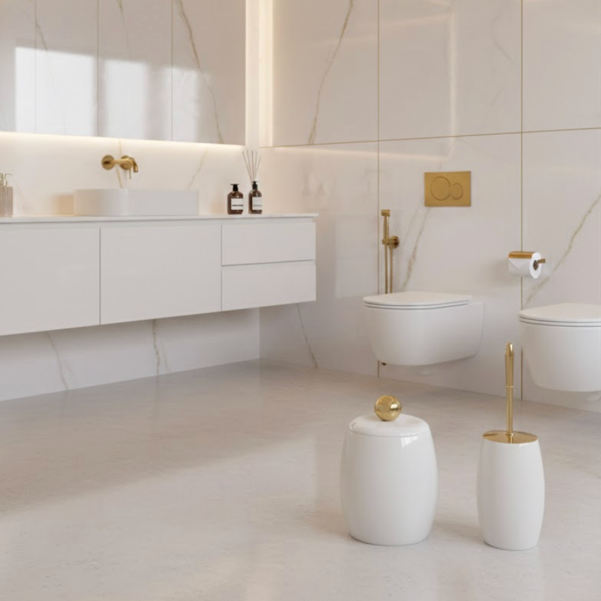 Oval White Marble Bathroom Set with Gold Details (2 Pieces, Handcrafted)