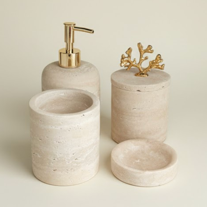 Travertine Marble Bathroom Set (4 Pieces, Handcrafted)