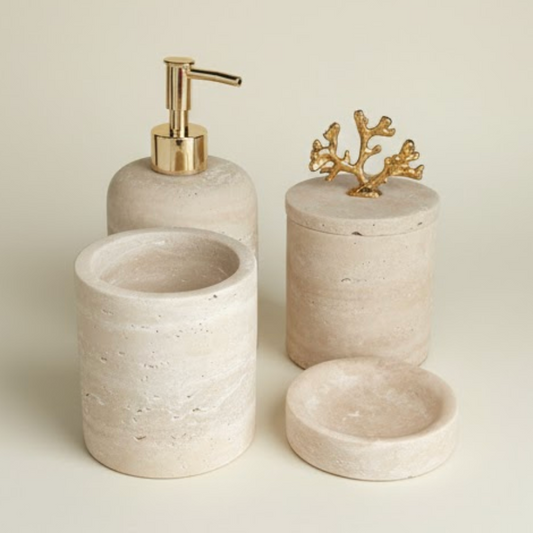 Travertine Marble Bathroom Set (4 Pieces, Handcrafted)