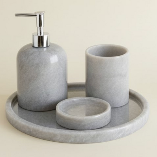Grey Marble Bathroom Set with Tray (4 Pieces, Handcrafted)