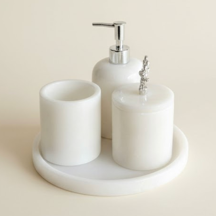 White Marble Bathroom Set with Tray (4 Pieces, Handcrafted)