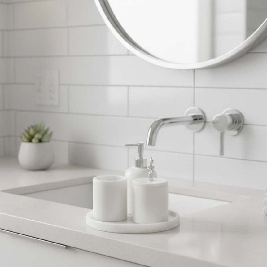 White Marble Bathroom Set with Tray (4 Pieces, Handcrafted)