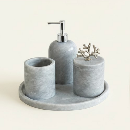 Grey Marble Bathroom Set with Tray (4 Pieces, Handcrafted)