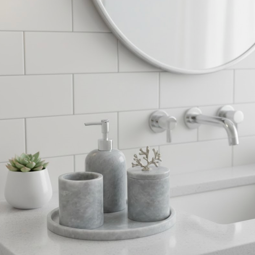 Grey Marble Bathroom Set with Tray (4 Pieces, Handcrafted)