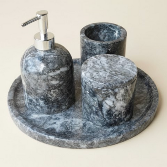 Smoked Marble Bathroom Set with Wave Pattern (4 Pieces, Handcrafted)