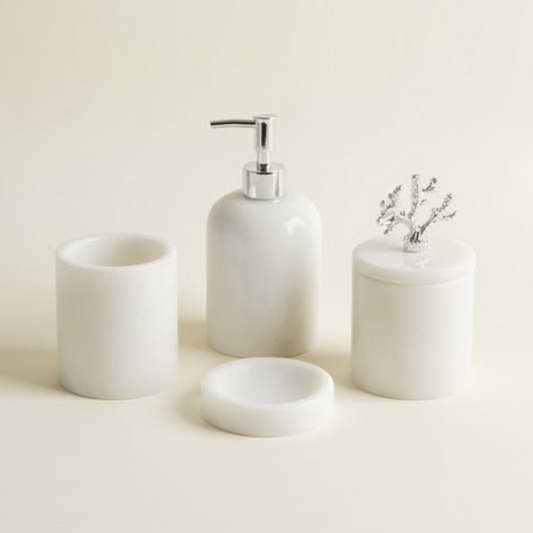 White Marble Bathroom Set with Silver Details (4 Pieces, Handcrafted)