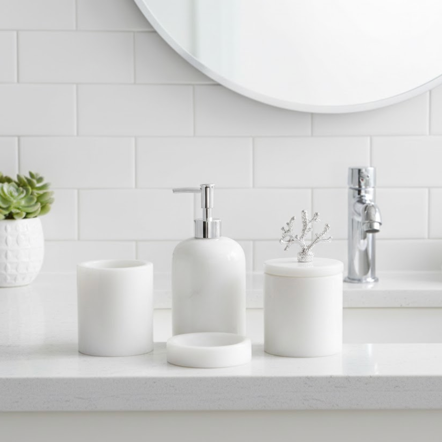 White Marble Bathroom Set with Silver Details (4 Pieces, Handcrafted)