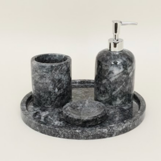 Black & White Marble Bathroom Set with Tray (4 Pieces, Handcrafted)