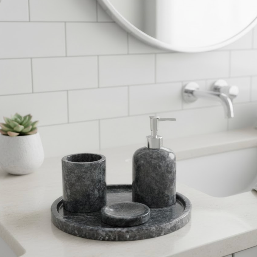 Black & White Marble Bathroom Set with Tray (4 Pieces, Handcrafted)