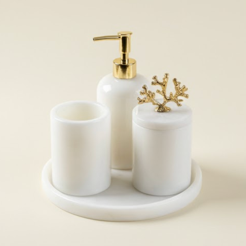 White Marble Bathroom Set (4 Pieces, Handcrafted)