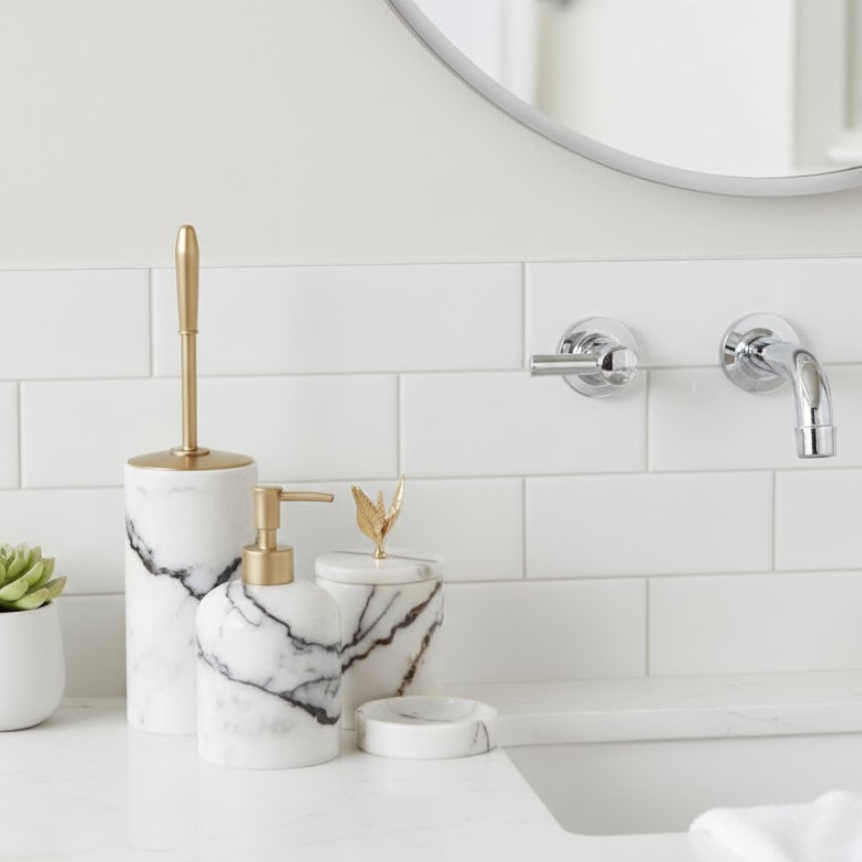 Lilac Marble Bathroom Set with Rose Gold Details (4 Pieces, Handcrafted)