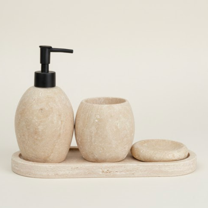 Beige Travertine Bathroom Set – Oval Design (4 Pieces, Handcrafted)
