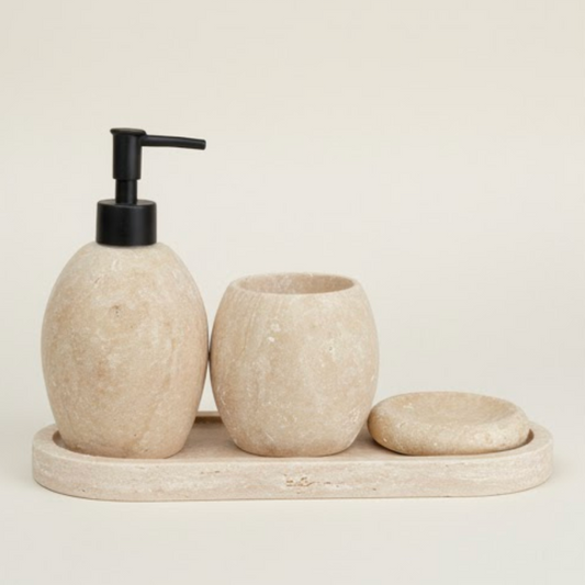 Beige Travertine Bathroom Set – Oval Design (4 Pieces, Handcrafted)