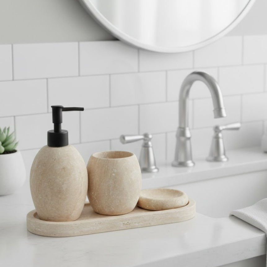 Beige Travertine Bathroom Set – Oval Design (4 Pieces, Handcrafted)