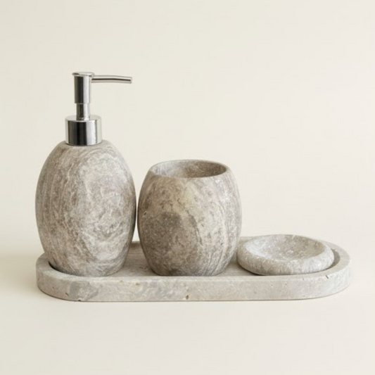 Silver Travertine Bathroom Set – Oval Design (4 Pieces, Handcrafted)