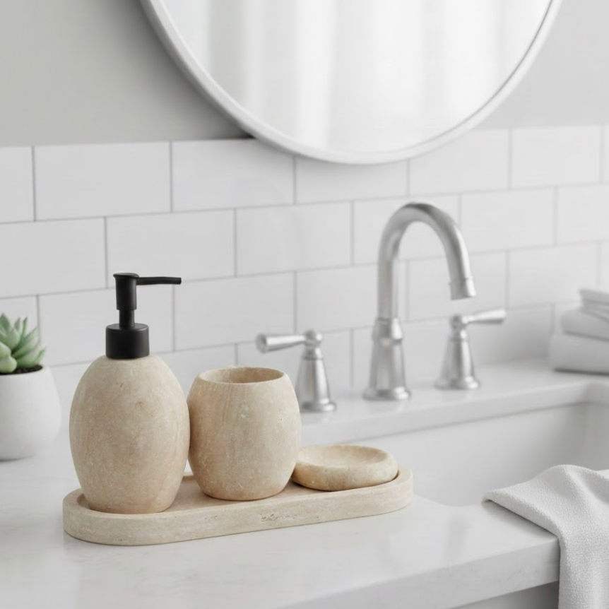 Silver Travertine Bathroom Set – Oval Design (4 Pieces, Handcrafted)
