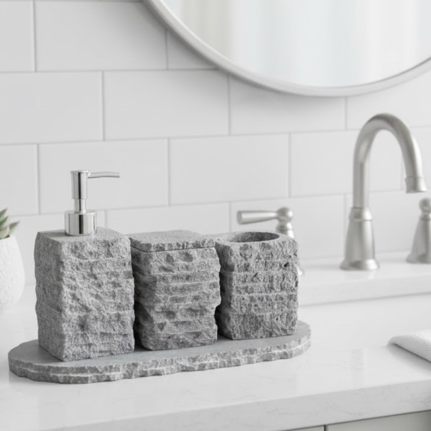 Basalt Stone Bathroom Set (4 Pieces, Handcrafted)