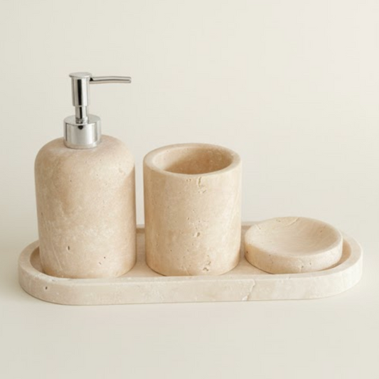 Light Travertine Bathroom Set with Ellipse Tray (4 Pieces, Handcrafted)
