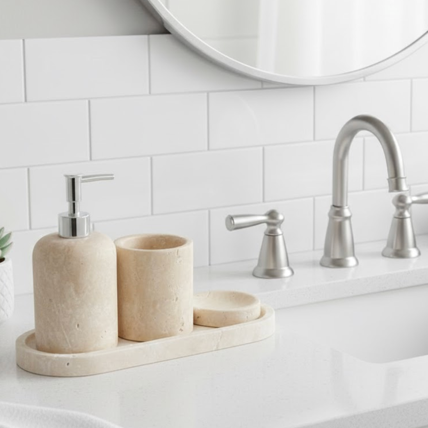 Light Travertine Bathroom Set with Ellipse Tray (4 Pieces, Handcrafted)
