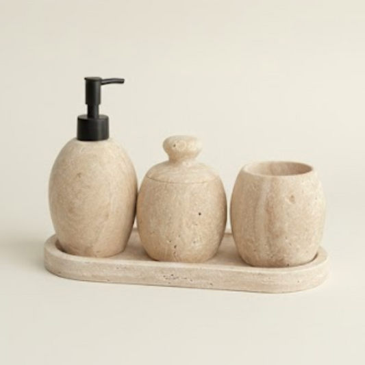 Beige Travertine Bathroom Set with Oval Tray (4 Pieces, Handcrafted)