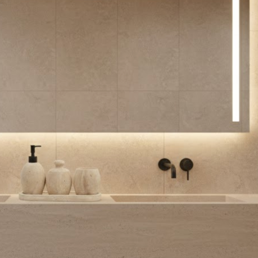 Beige Travertine Bathroom Set with Oval Tray (4 Pieces, Handcrafted)