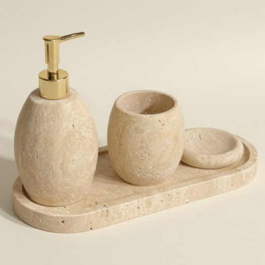 Light Travertine Bathroom Set with Accessories (4 Pieces, Handcrafted)