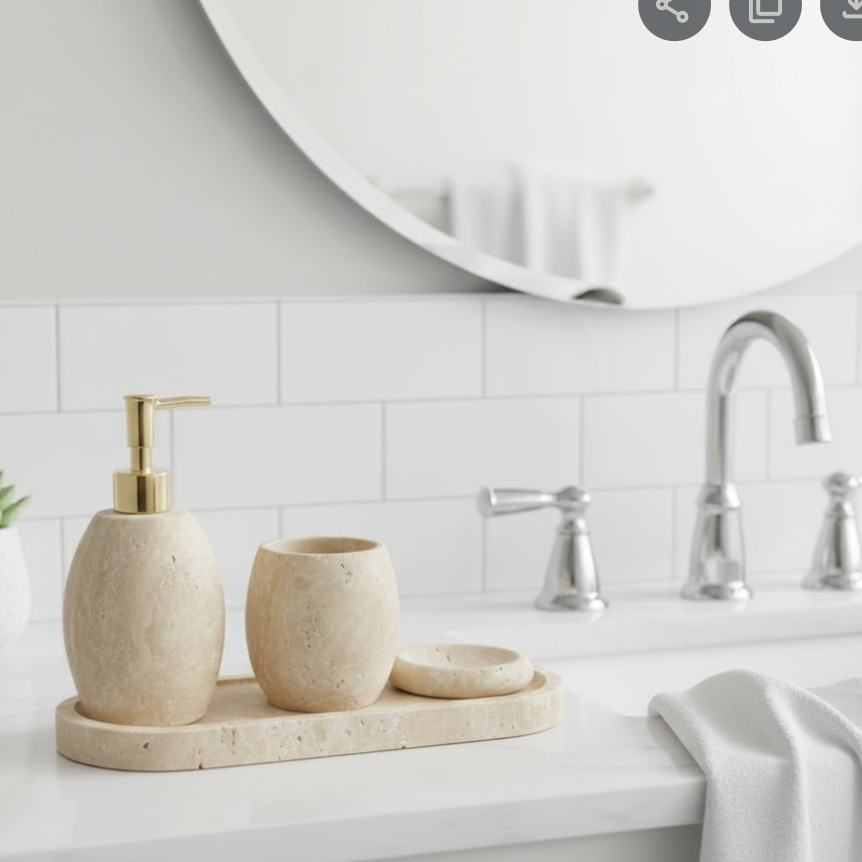 Light Travertine Bathroom Set with Accessories (4 Pieces, Handcrafted)