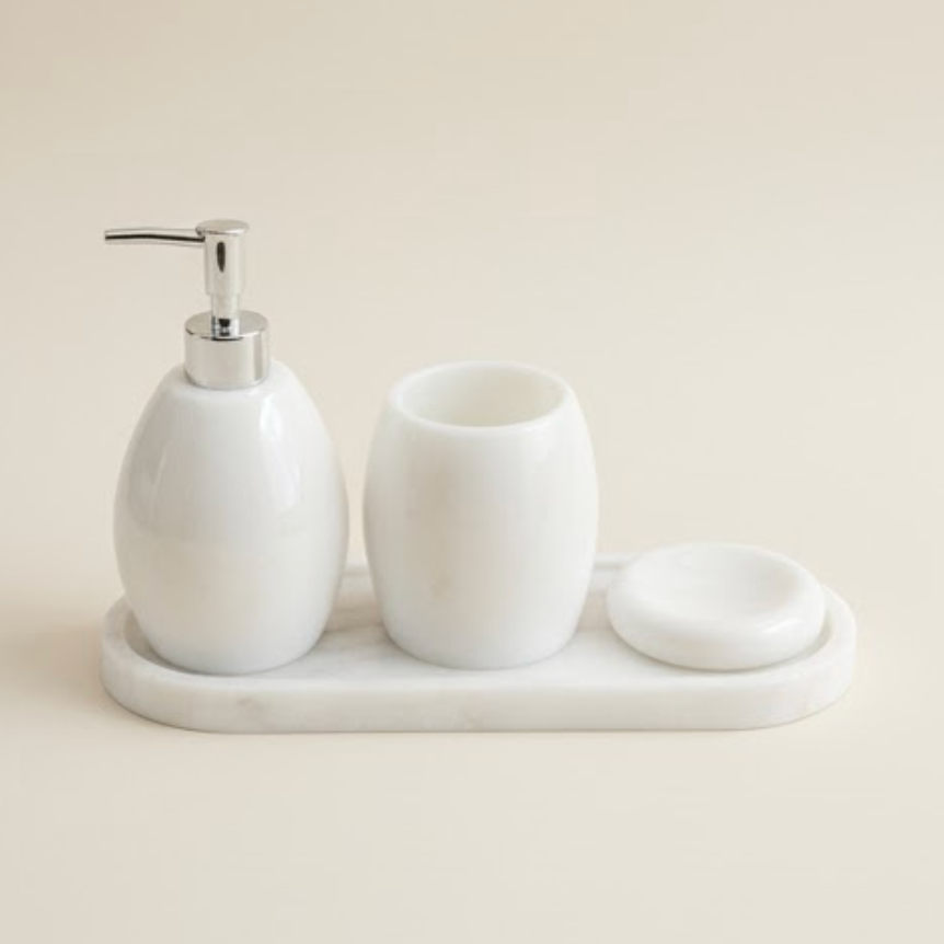 White Natural Marble Bathroom Set with Silver Accessories (4 Pieces)