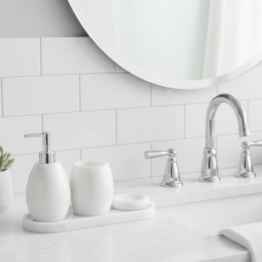 White Natural Marble Bathroom Set with Silver Accessories (4 Pieces)