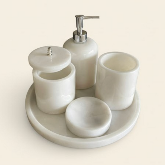 White Marble Bathroom Set with Silver Accessories (5 Pieces, Handcrafted)