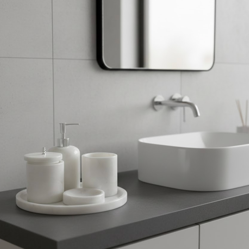 White Marble Bathroom Set with Silver Accessories (5 Pieces, Handcrafted)