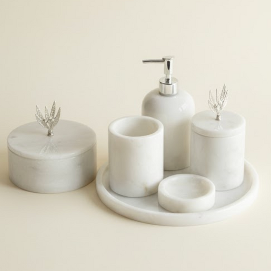 White Marble Bathroom Set with Silver Olive Branch Detail (6 Pieces, Handcrafted)