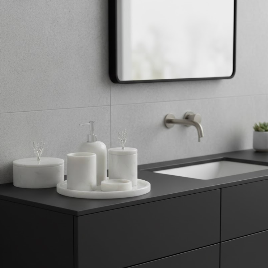 White Marble Bathroom Set with Silver Olive Branch Detail (6 Pieces, Handcrafted)