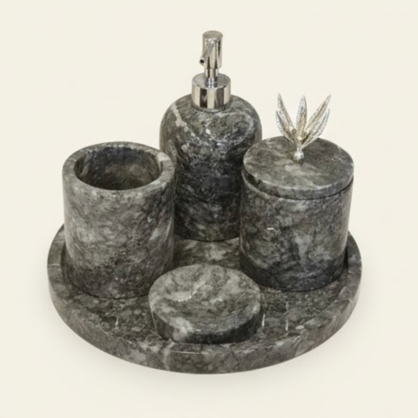 Black Marble Bathroom Set (5 Pieces, Handcrafted)