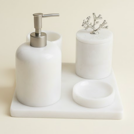 White Marble Bathroom Set with Silver Coral Detail (5 Pieces, Handcrafted)